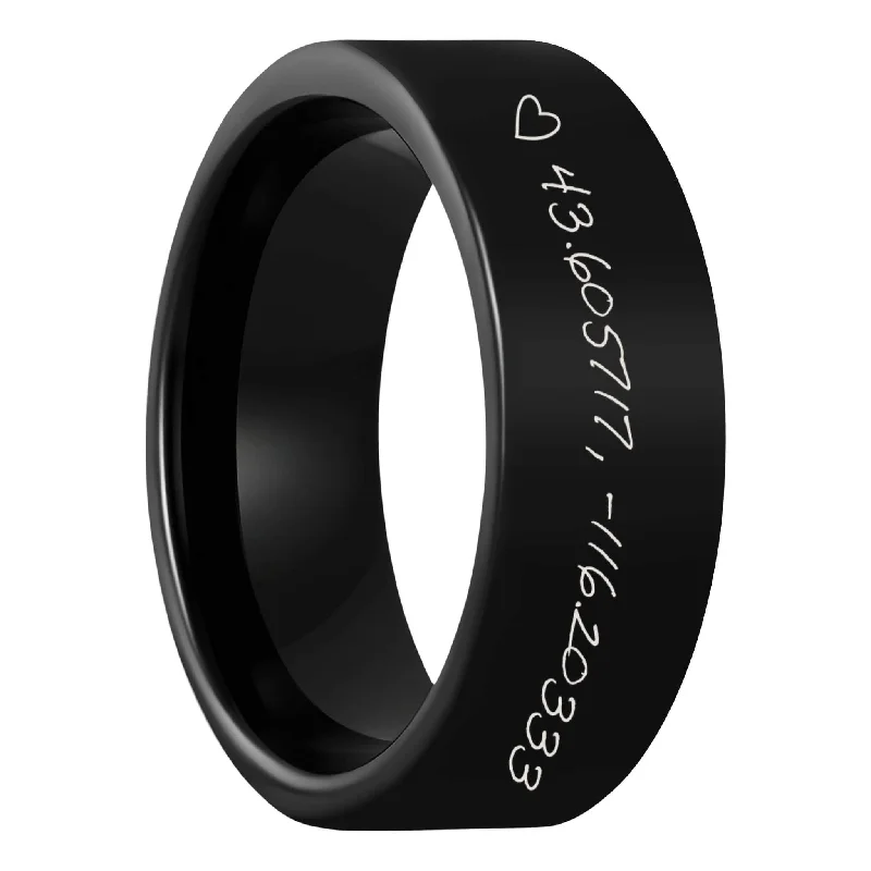 Unique wedding bands for women-Custom Handwritten Coordinates Black Tungsten Men's Ring