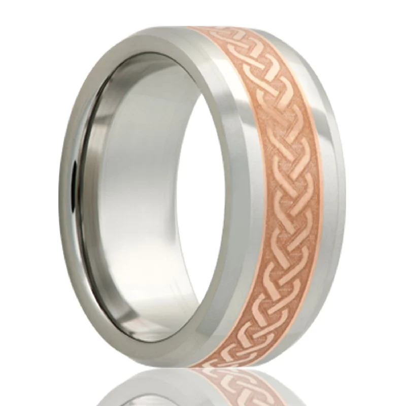 Rose gold rings for women-Celtic Pattern Copper Inlay Tungsten Men's Wedding Band with Beveled Edges