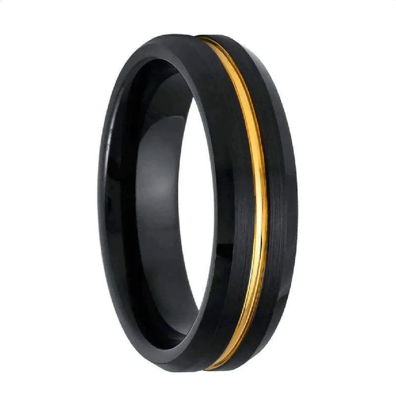 Women’s rings with diamonds-Black Tungsten Men's Wedding Band with Gold Groove