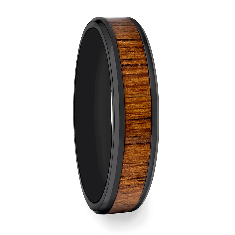 Women’s rings with emerald stones-Black Ceramic Women's Wedding Band with Koa Wood Inlay