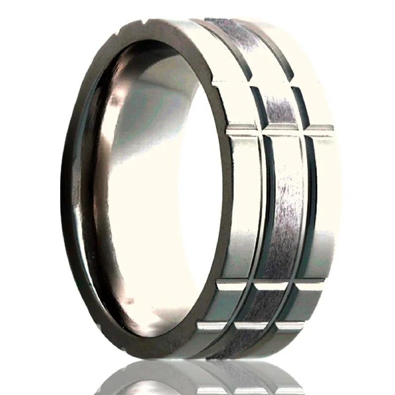 Women’s sapphire engagement rings-Intersecting Grooves Satin Finish Titanium Wedding Band