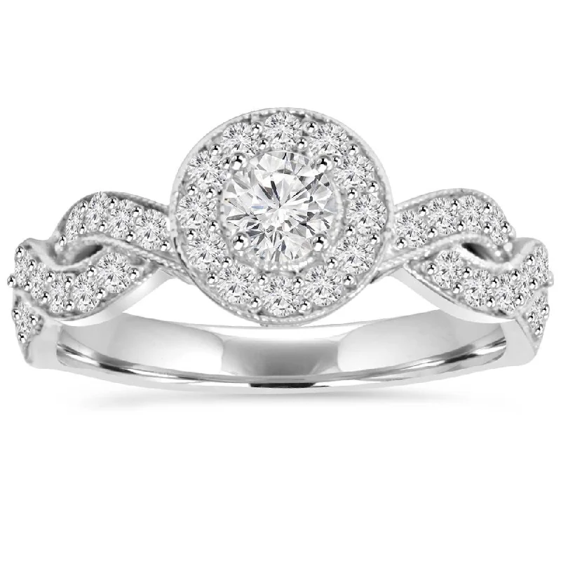 Engagement rings with twisted bands-3/4Ct Vintage Diamond Infinity Halo Engagement Ring 14K White Gold