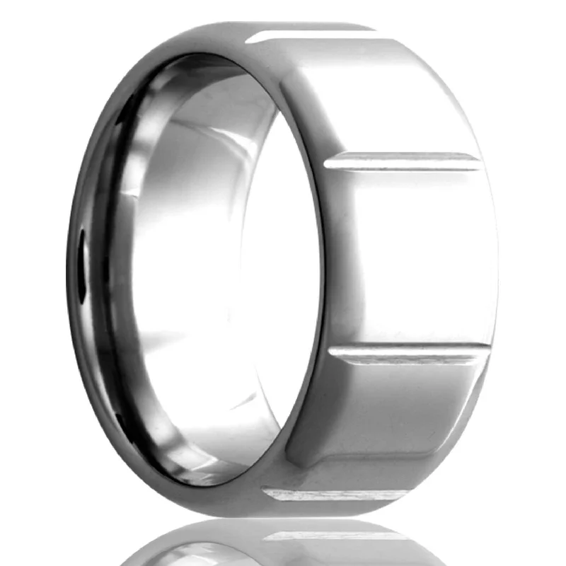 Women’s rings with emerald stones-Vertical Grooved Cobalt Wedding Band with Beveled Edges