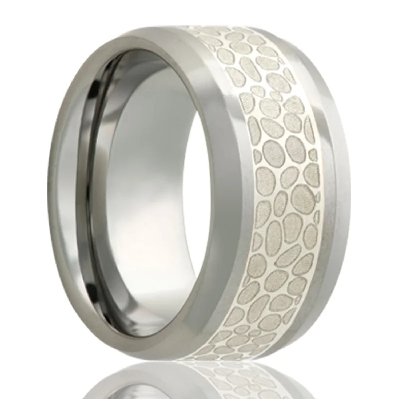 Elegant women’s diamond rings-Hammered Silver Inlay Tungsten Men's Wedding Band with Beveled Edges