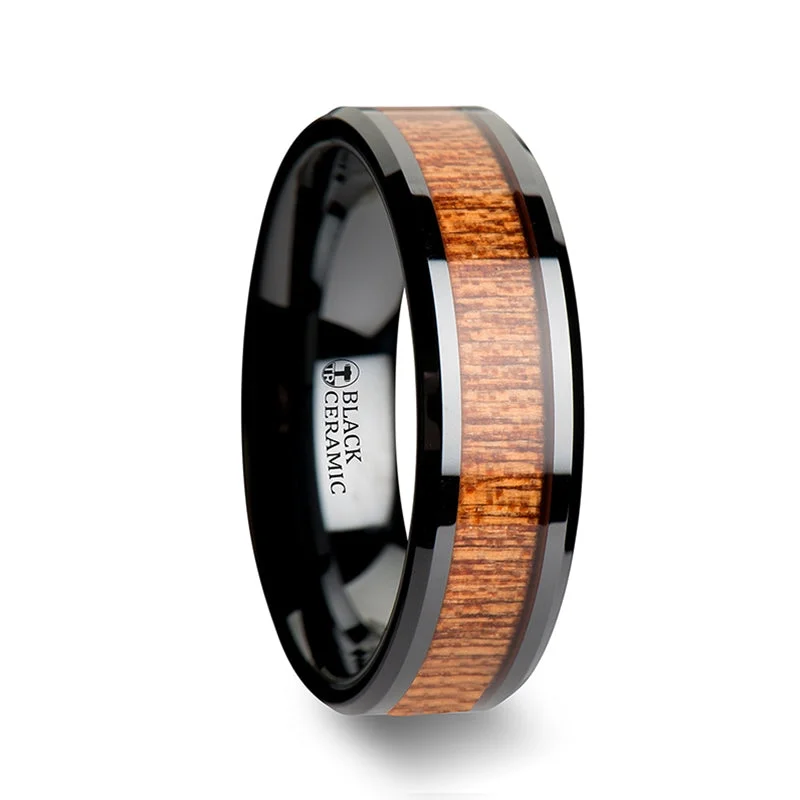 Women’s large stone rings-Black Ceramic Women's Wedding Band with Sapele Wood Inlay