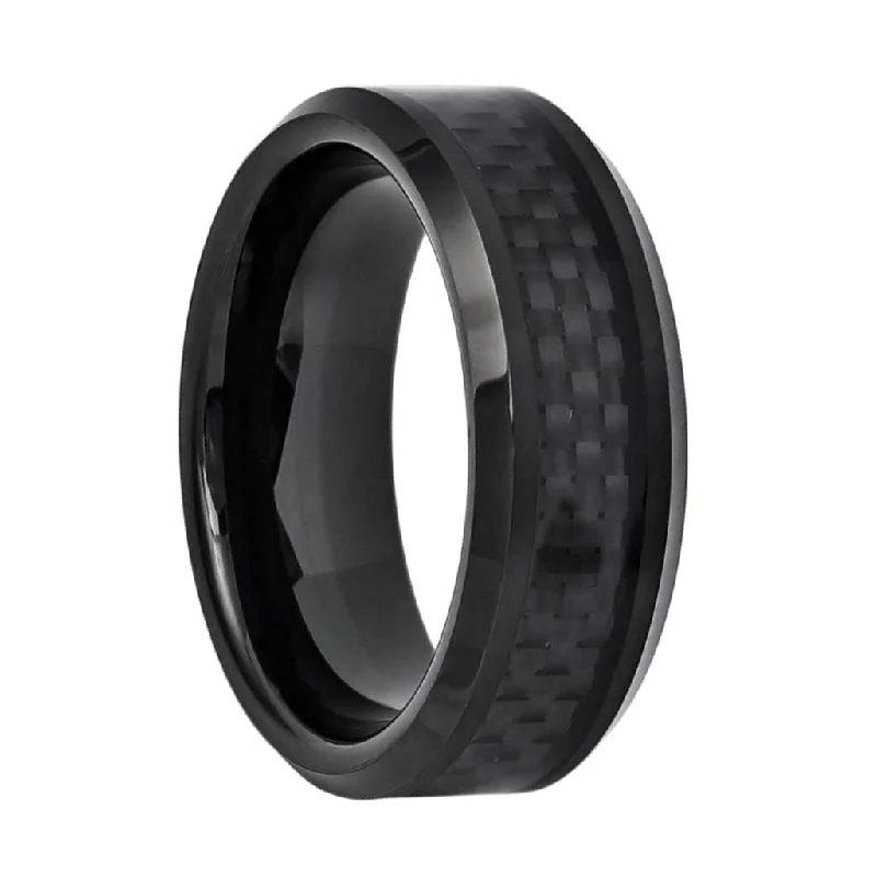 Women’s cocktail rings-Black Carbon Fiber Inlaid Black Tungsten Men's Wedding Band