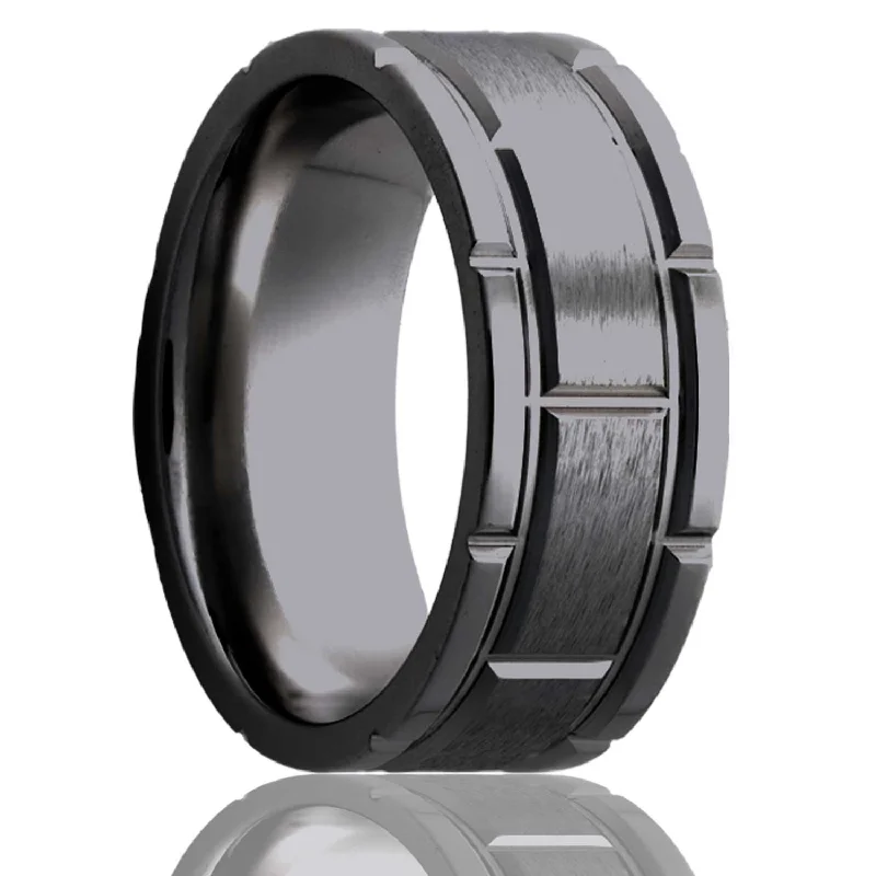 Large gemstone rings for women-Brick Pattern Satin Finish Zirconium Men's Wedding Band