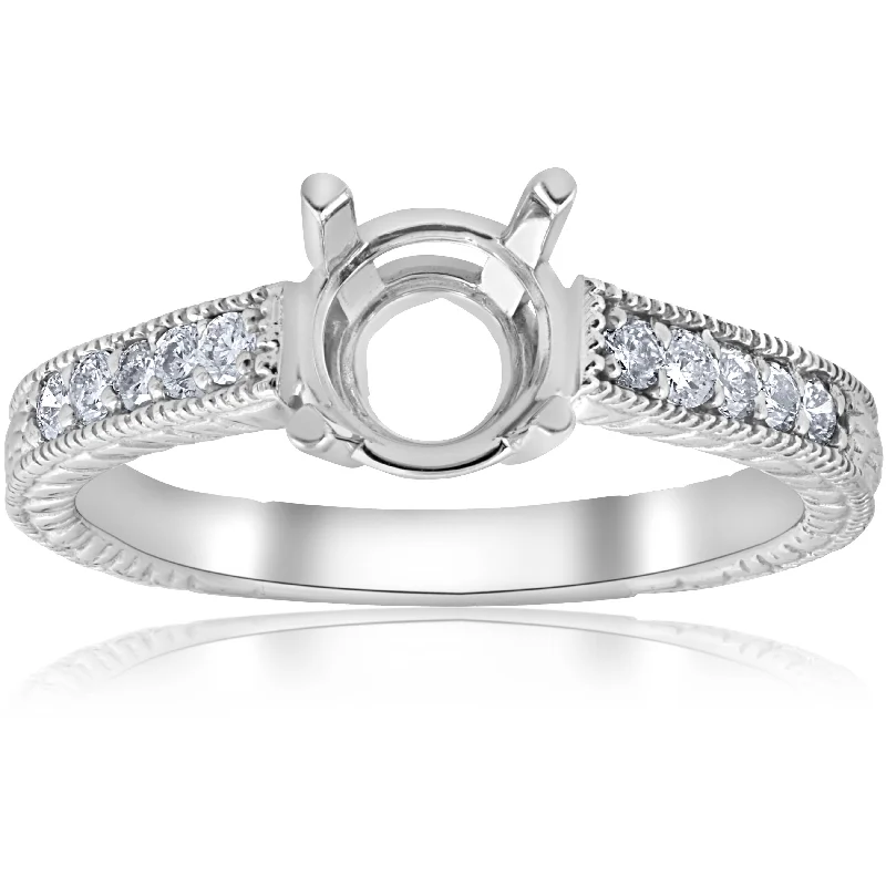 Engagement rings with cushion cut diamonds-1/5ct Hand Engraved Diamond Engagement Ring Setting 14k White Gold Fits 6-6.5mm