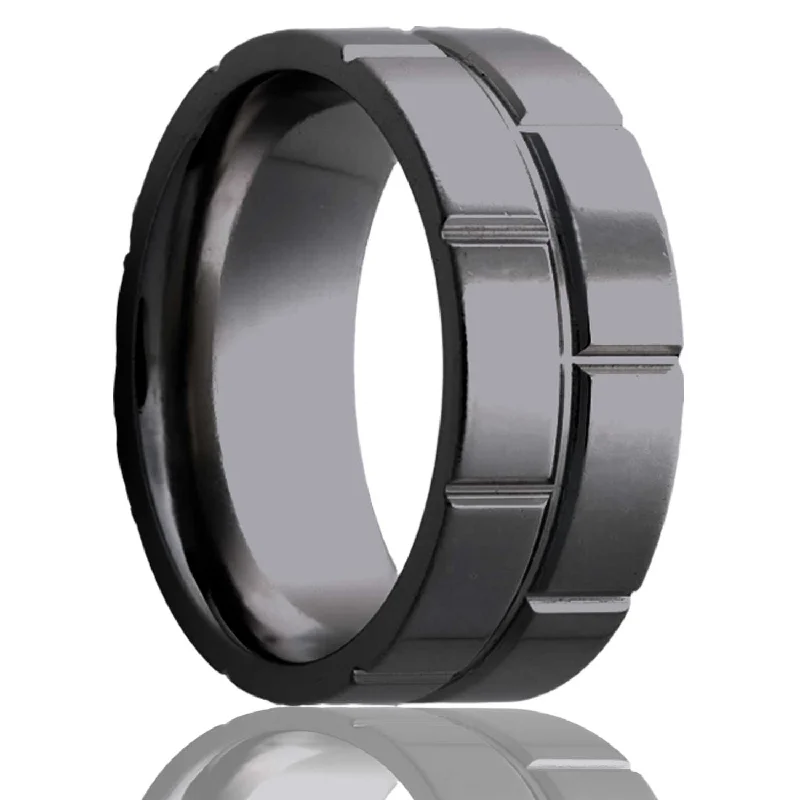 Diamond wedding rings for women-Brick Grooved Zirconium Men's Wedding Band