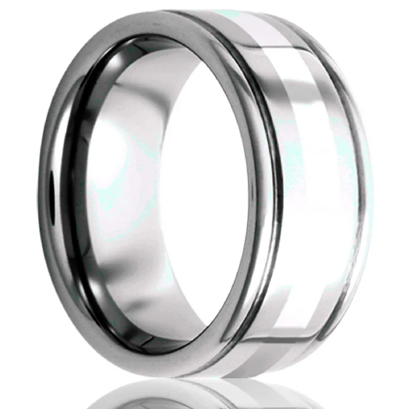 Women’s promise rings-Argentium Silver Inlay Tungsten Wedding Band with Grooved Edges