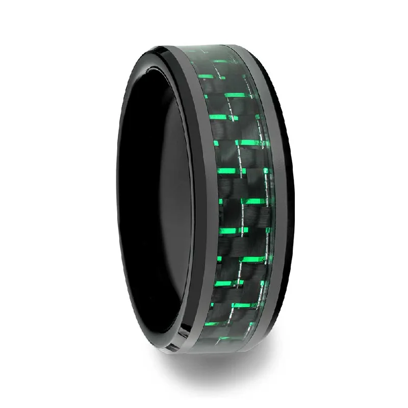 Women’s engagement rings with colored gems-Black Ceramic Men's Wedding Band with Black & Green Carbon Fiber Inlay