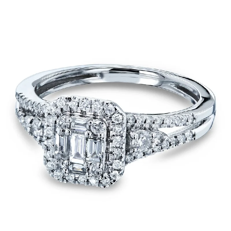 Engagement rings with engraved settings-Annello by Kobelli 14k White Gold 1/2 Carats TDW Baguette and Round Diamond Cluster Halo Split Shank Accented Engagement Ring