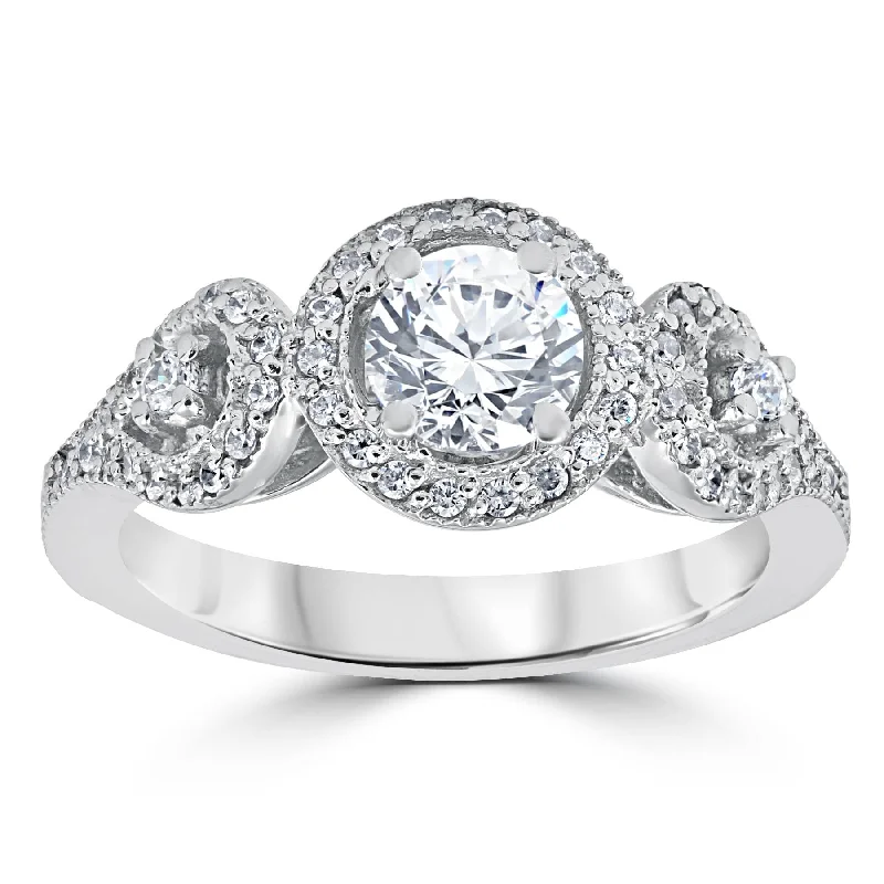 Women’s double halo engagement rings-1ct Diamond Engagement Ring Three Stone Pave Halo Ring 14K White Gold