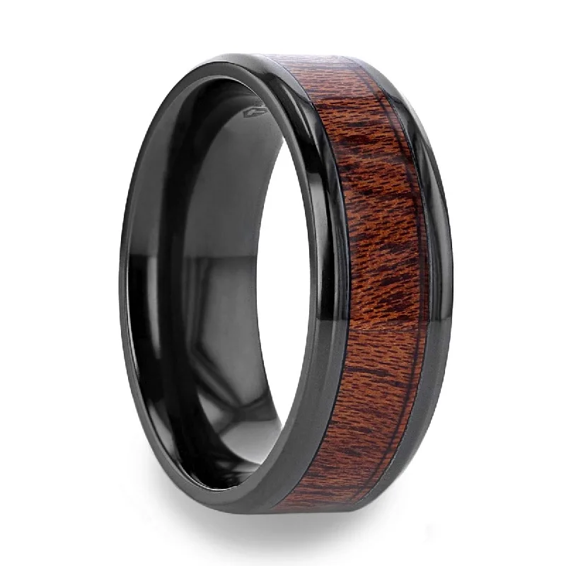 Affordable engagement rings for women-Black Titanium Wedding Band with Mahogany Wood Inlay