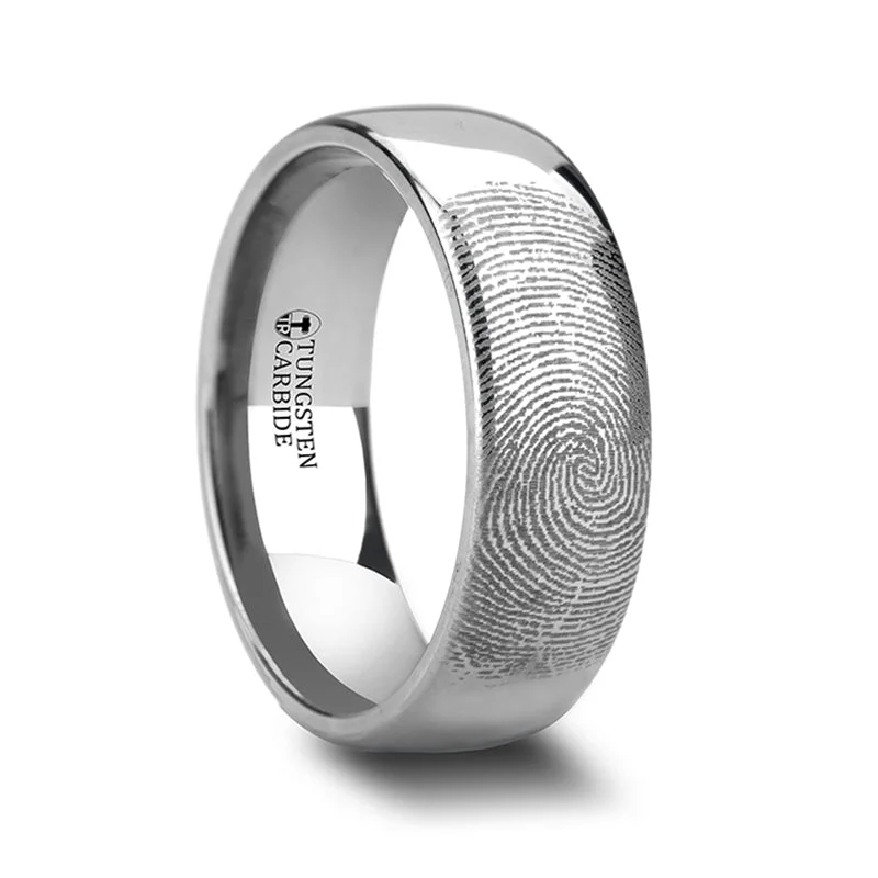 Women’s rings with emerald-cut diamonds-Custom Fingerprint Engraved Domed Tungsten Men's Ring