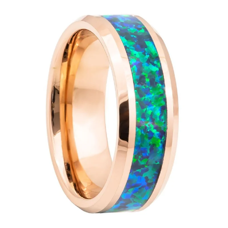 Modern silver rings for women-Blue Opal Inlaid Rose Gold Tungsten Men's Wedding Band