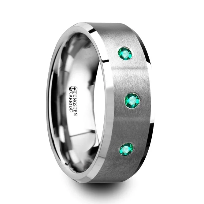 Affordable engagement rings for women-Tungsten Men's Wedding Band with Three Emeralds