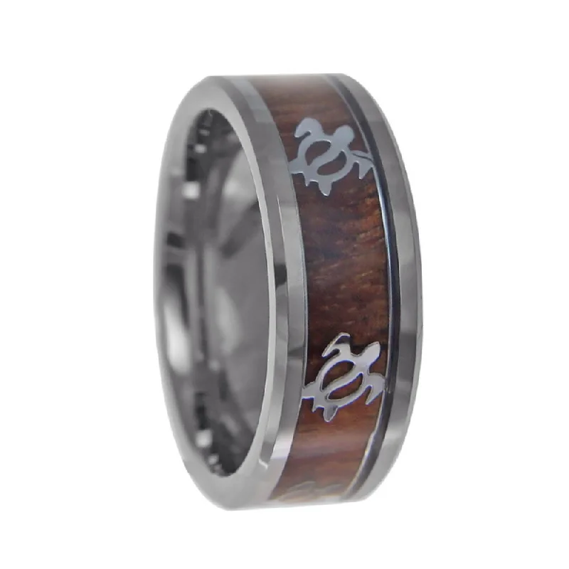 Women’s rings with pave diamonds-Men's Tungsten Wedding Band with Koa Wood Inlay and Honu Turtle