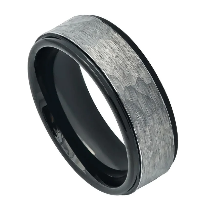 Colorful gemstone rings for women-Hammered Brushed Tungsten Men's Wedding Band with Black Interior