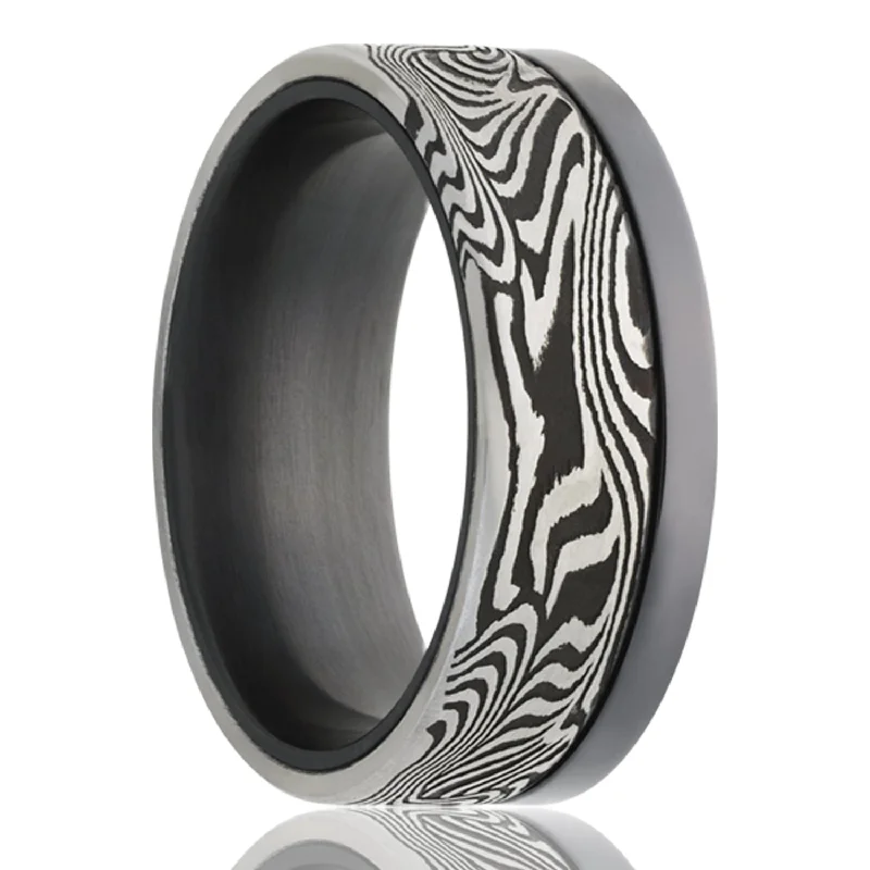 Designer rings for women-Asymmetrical Groove Damascus Steel & Zirconium Men's Wedding Band