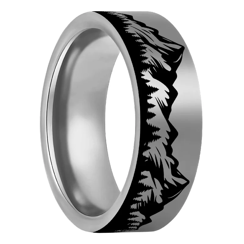 Modern silver rings for women-Mountain Range & Forest Tungsten Men's Wedding Band