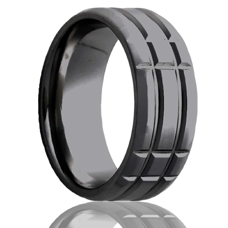 Women’s cocktail rings-Intersecting Grooves Zirconium Men's Wedding Band with Beveled Edges