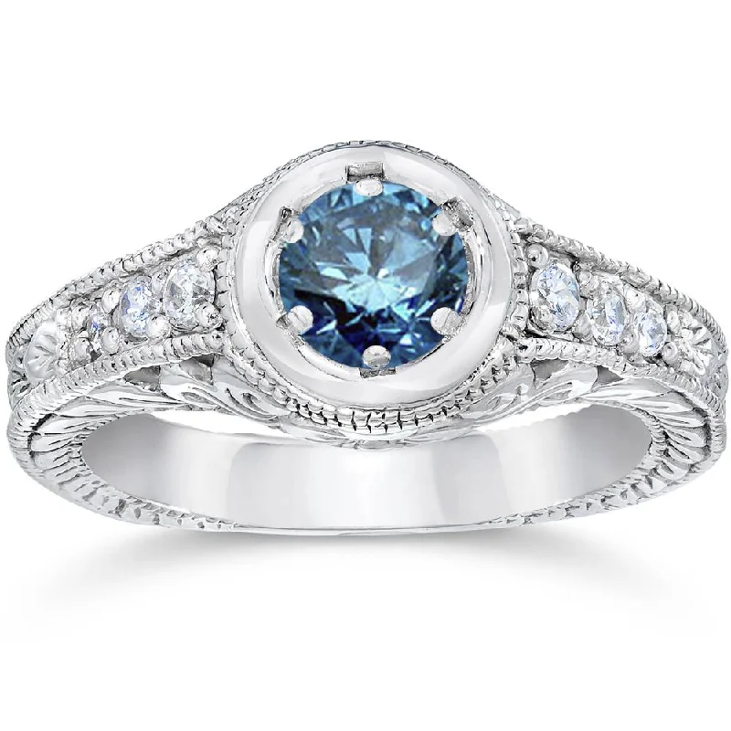 Engagement rings with halo setting-5/8ct Art Deco Treated Blue Diamond Vintage Engagement Ring 14K White Gold