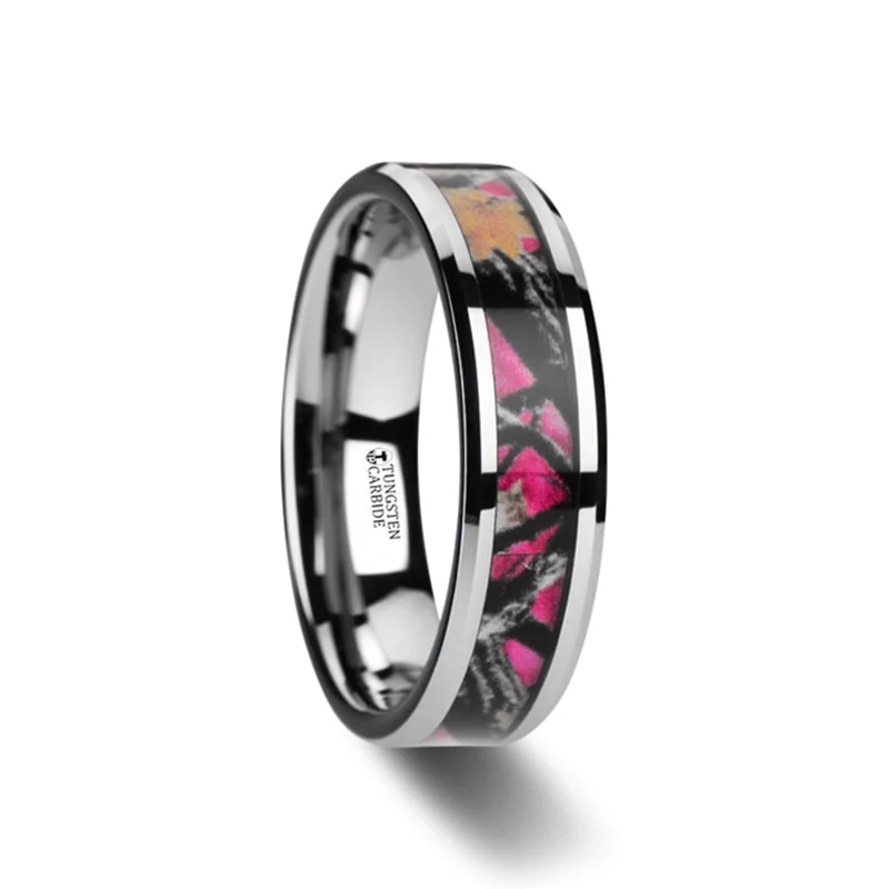 Large gemstone rings for women-Pink Oak Leaf Camouflage Inlay Tungsten Women's Wedding Band