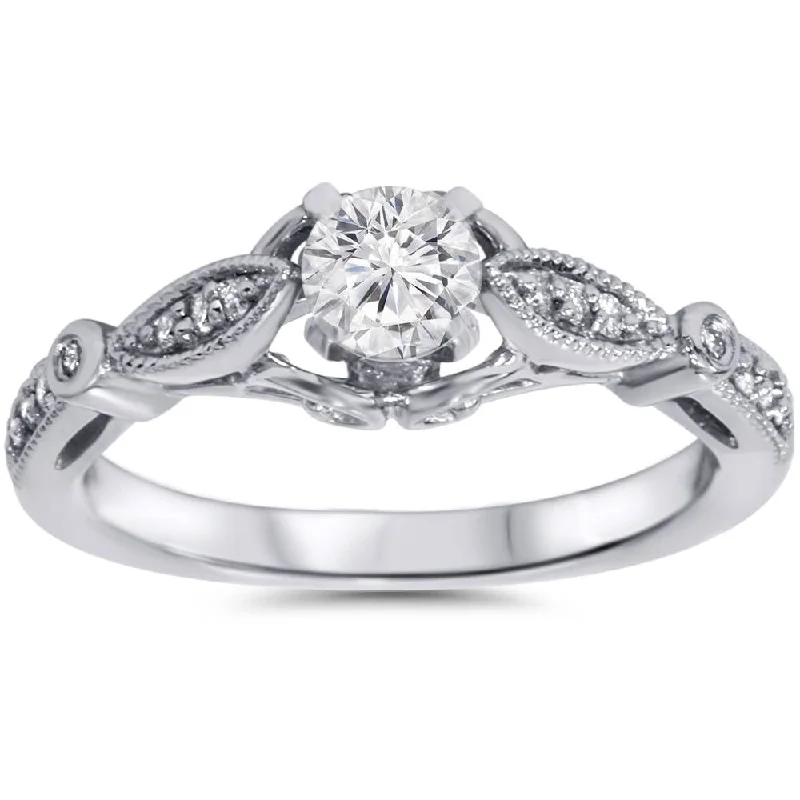 Engagement rings with diamond pave bands-5/8ct Vintage Round Diamond Engagement Ring 14K White Gold