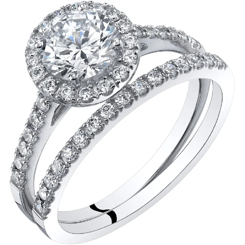 Women’s emerald engagement rings-14k White Gold Halo Engagement Ring & Wedding Band Set