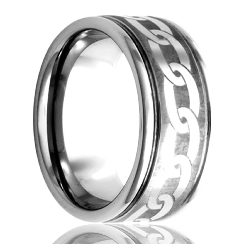 Custom women’s engagement ring-Chain Pattern Grooved Tungsten Wedding Band