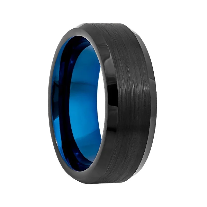 Diamond solitaire rings for women-Black Tungsten Men's Wedding Band with Contrasting Blue Interior