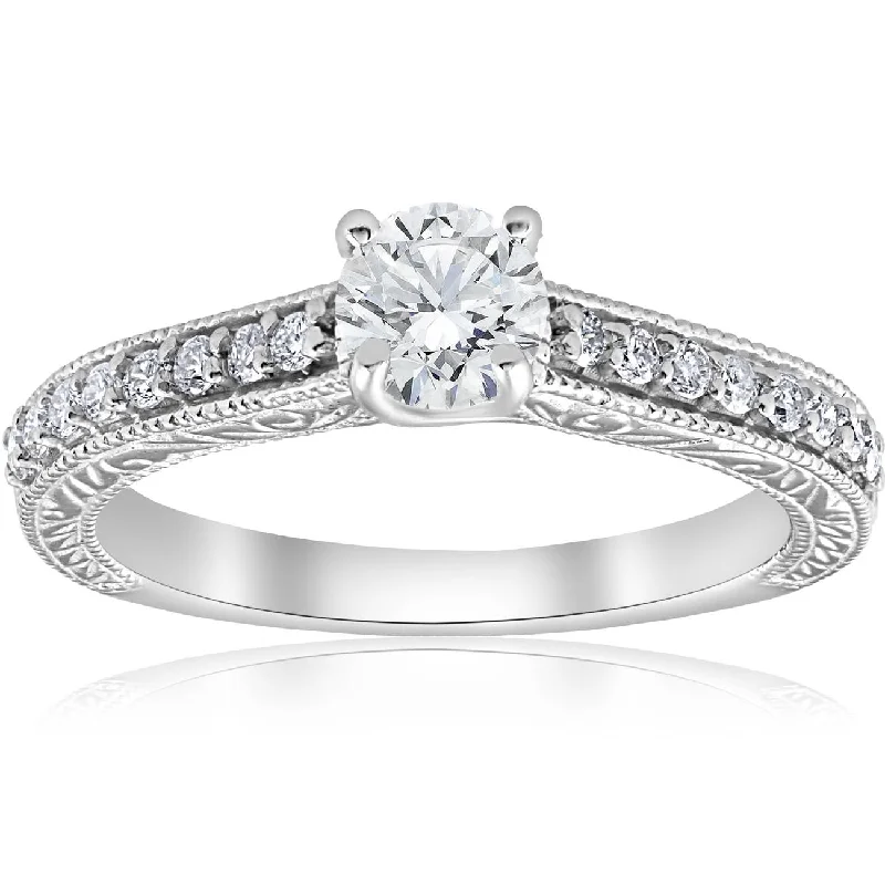 Women’s vintage-inspired engagement rings-3/4 ct Vintage Diamond Engagement Hand Etched Ring 14K White Gold