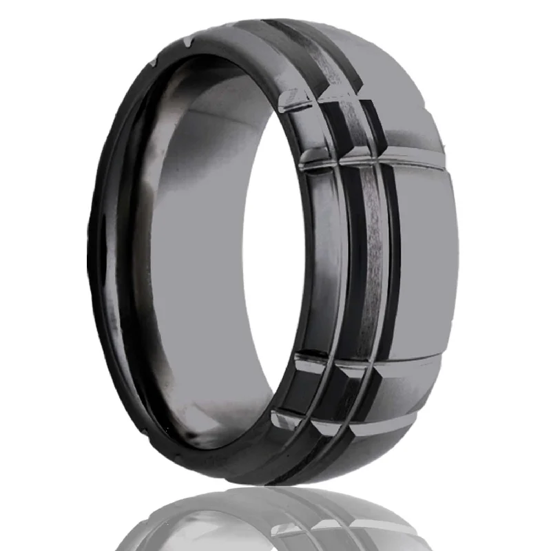 Stackable rings for women-Asymmetrical Intersecting Grooves Domed Satin Finish Zirconium Men's Wedding Band