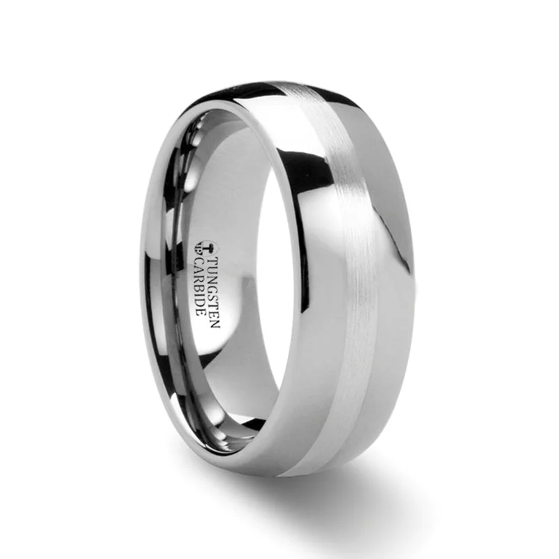 Women’s rings with birthstones-Tungsten Wedding Band with Silver Inlay