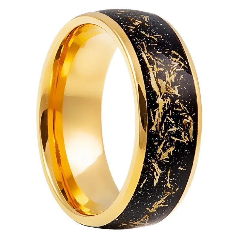 Affordable rings for women-Meteorite Inspired Black & Gold Tungsten Men's Wedding Band