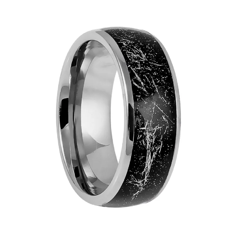 Affordable rings for women-Meteorite Inspired Black & Silver Inlaid Tungsten Men's Wedding Band