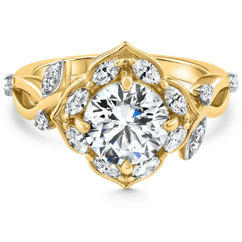 Women’s classic solitaire diamond engagement rings-Certified 2.62Ct Round Diamond Engagement Vine Petal Ring 14k Yellow Gold