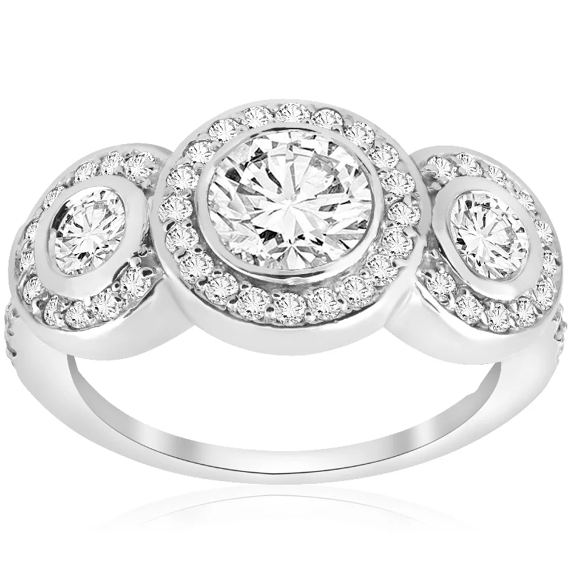 Engagement rings with hidden halos-2 Carat 3 Stone Halo Enhanced Diamond Engagement Round Cut 14K White Gold