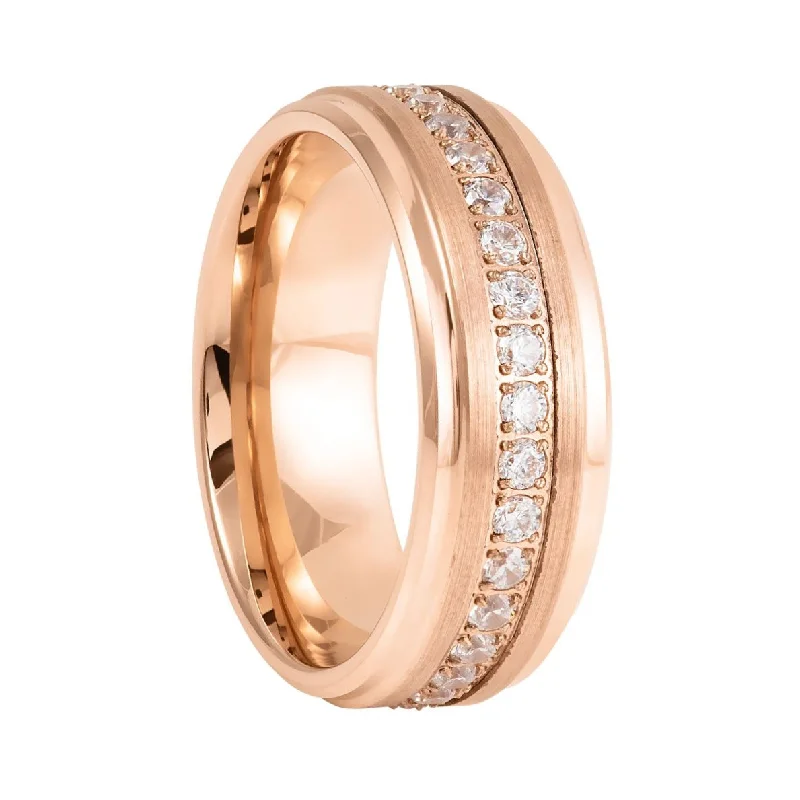 Women’s wedding rings-Rose Gold Tungsten Men's Wedding Band with Cubic Zirconia