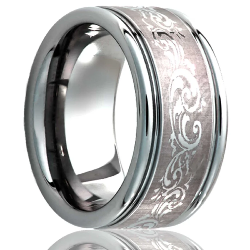 Elegant gold rings for women-Swirl Pattern Grooved Tungsten Wedding Band