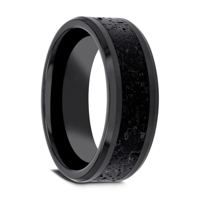 Statement rings for women-Black Ceramic Men's Wedding Band with Lava Rock Inlay