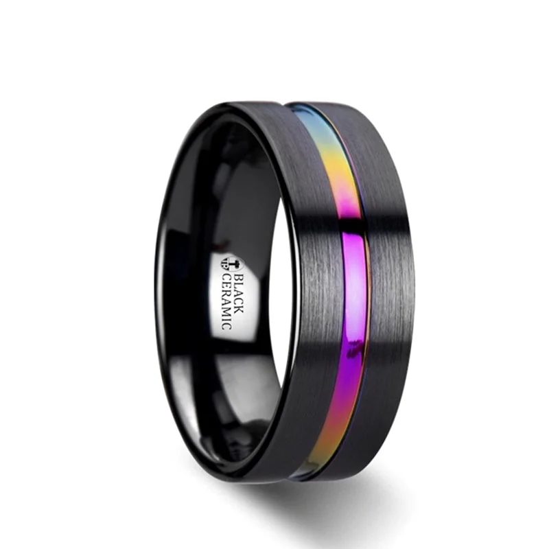 Elegant women’s diamond rings-Black Ceramic Wedding Band with Rainbow Groove