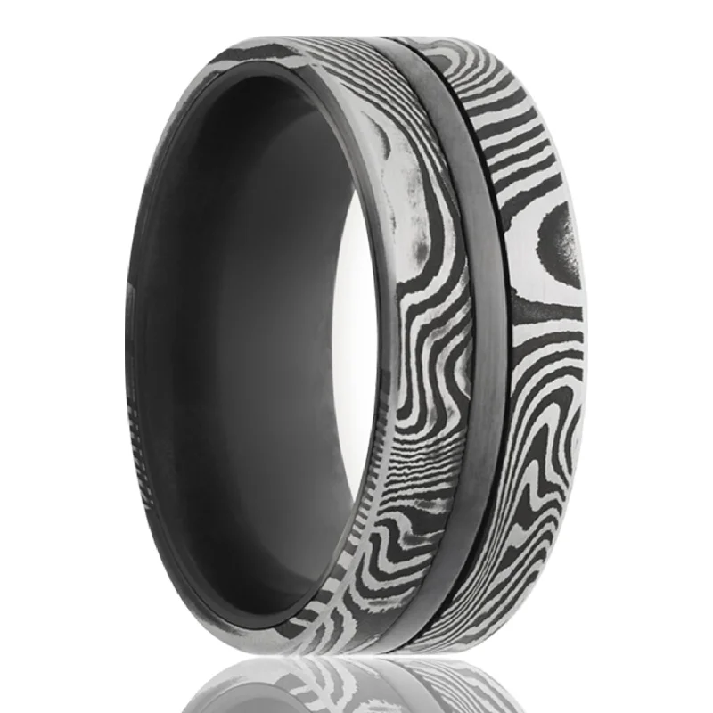 Unique birthstone rings for women-Groove Damascus Steel & Zirconium Men's Wedding Band