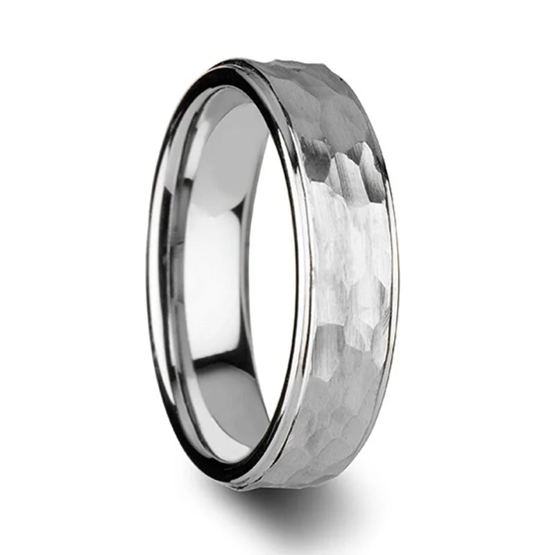 Custom birthstone rings for women-Hammered White Tungsten Wedding Band