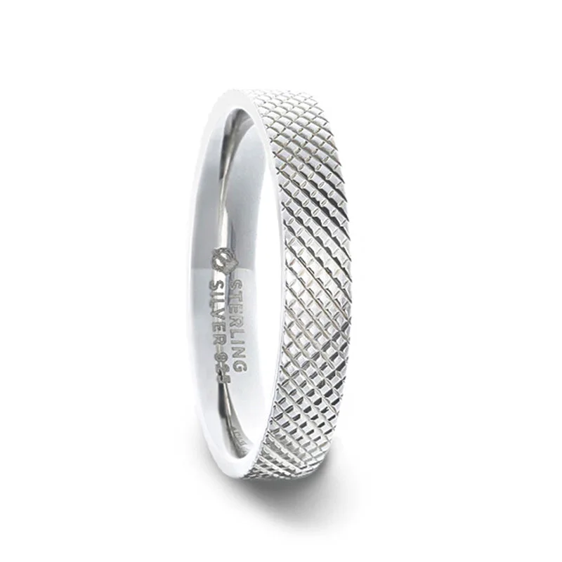 Women’s princess-cut rings-Diagonal Knurl Grooved Silver Women's Wedding Band