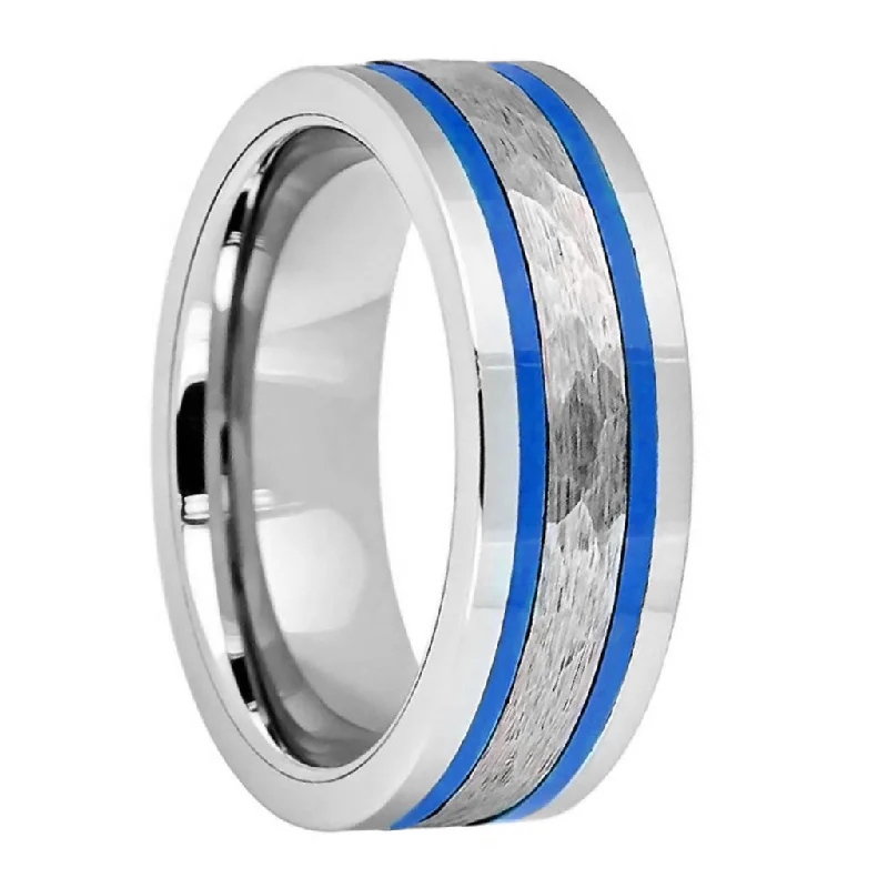 Unique rings for women-Hammered Tungsten Men's Wedding Band with Dual Blue Stripes