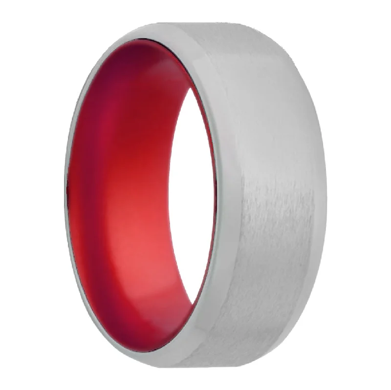 Women’s rings with colorful sapphires-Satin Cobalt Wedding Band with Beveled Edges & Red Center