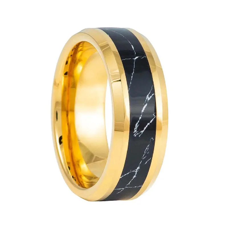 Platinum rings for women-Black Turquoise Inlaid Gold Tungsten Men's Wedding Band