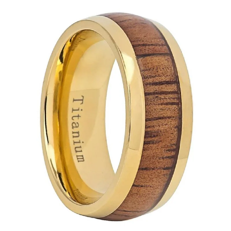 Women’s fashion rings with rhinestones-Gold Titanium Men's Wedding Band with Wood Inlay